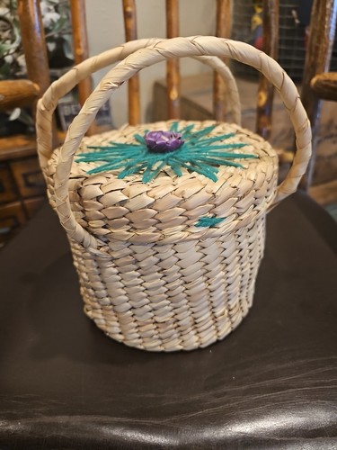 Boho MCM Handmade Raffia Woven Bucket Basket Bag Purse Tote Flowers - Picture 3 of 8