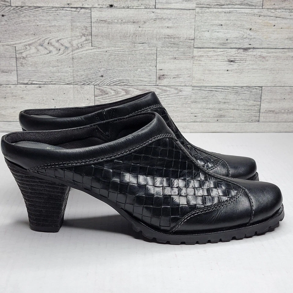 Soft Walk Woven Black Leather Mule 9N Low Heel Rubber Sole Comfort Boho Office - Image 2 of 4