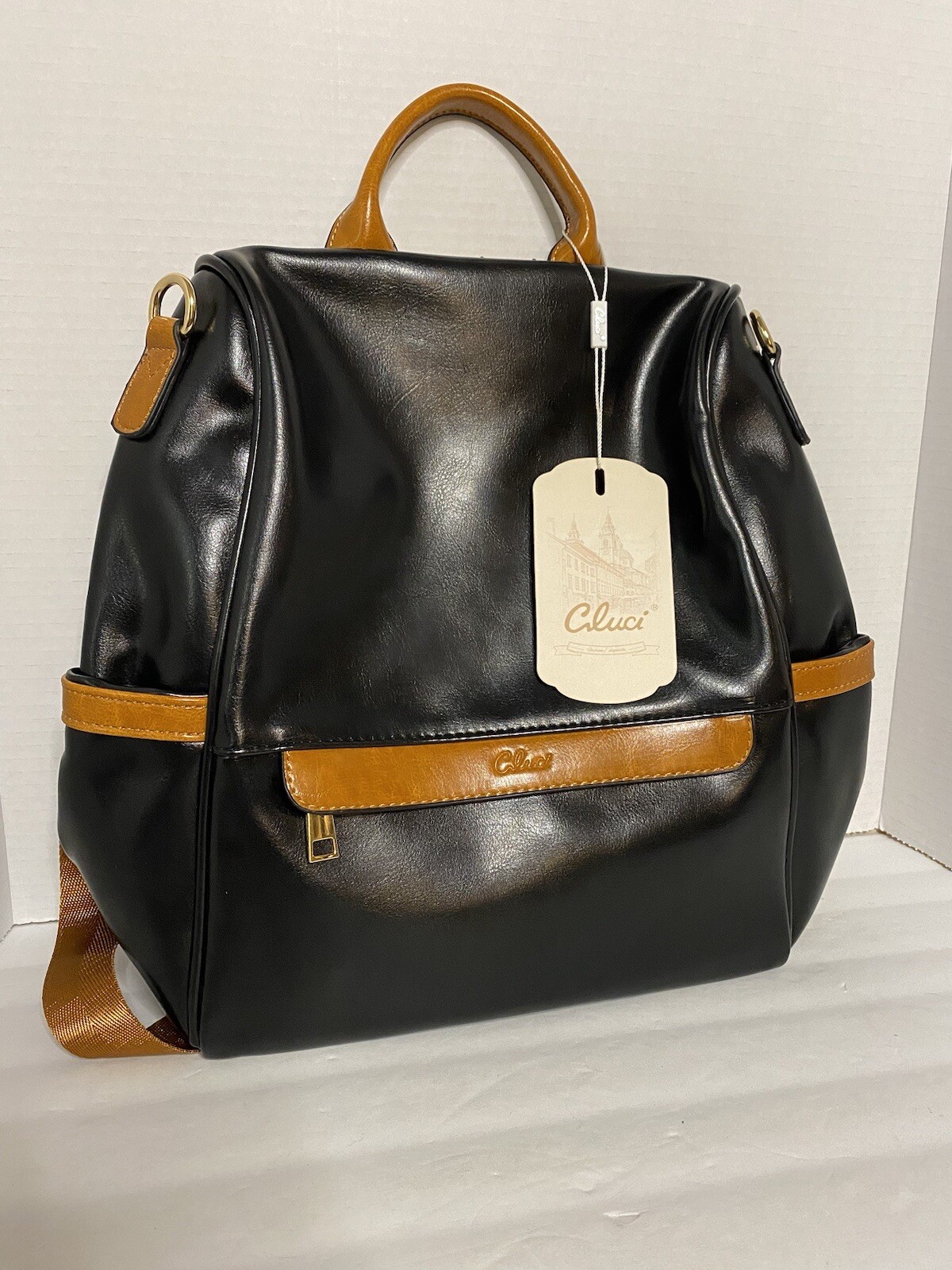 Cluci Black Brown Faux Leather Anti-Theft Secure Laptop Backpack New With Tags