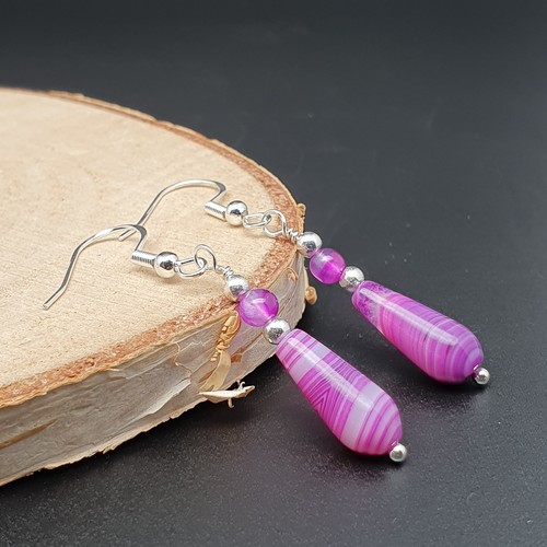Earrings Purple Agate Teardrop Beaded Gemstone Dangle Drop Sterling Silver Hooks - Picture 19 of 64