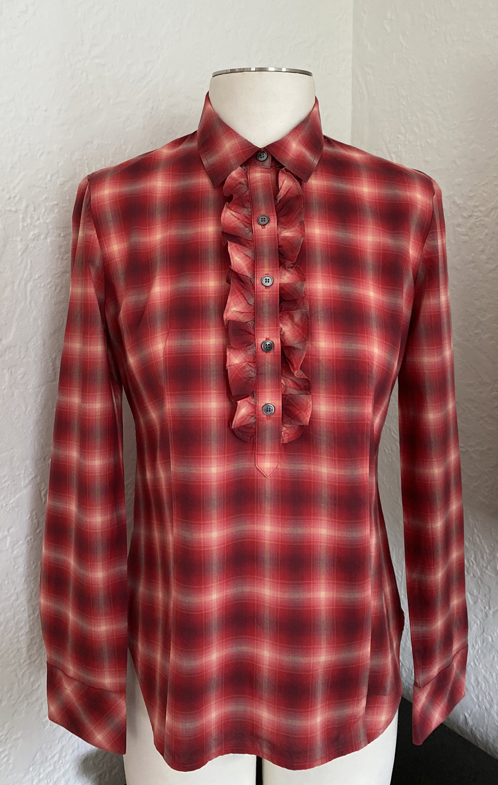 TALBOTS Petites Ruffled Button 1/2 Placket Plaid … - image 1