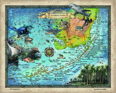 Scuba Diver Florida Keys Historic Map Artwork Wall Art Print Vintage