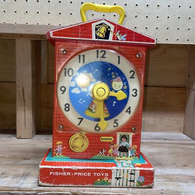 VINTAGE FISHER PRICE TEACHING CLOCK MUSIC BOX TOY-1968--WORKS Fast