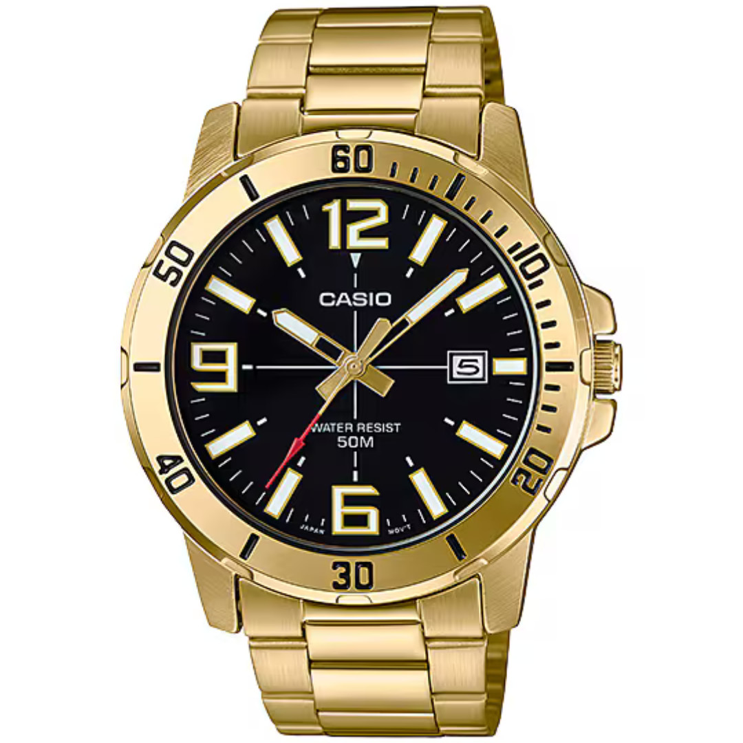 Casio Mens Gold Black Dial Stainless Steel 43mm Sports Watch MTP-VD01G-1BV