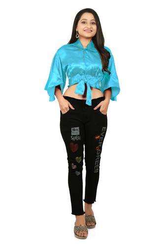 Collared Top Satin Elegant Button Knot Crop Top Flared Sleeve Top Plus Size S116 - Picture 240 of 291