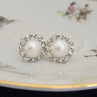 925 Sterling Silver Natural White 8.5mm Pearl+ Sapphire Halo Stud Earrings — photo 2