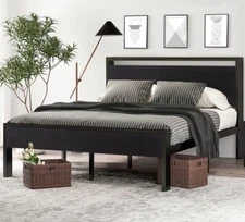 14" Queen Metal Platform Bed Frame with Wooden Headboard & Footboard, Black Oak