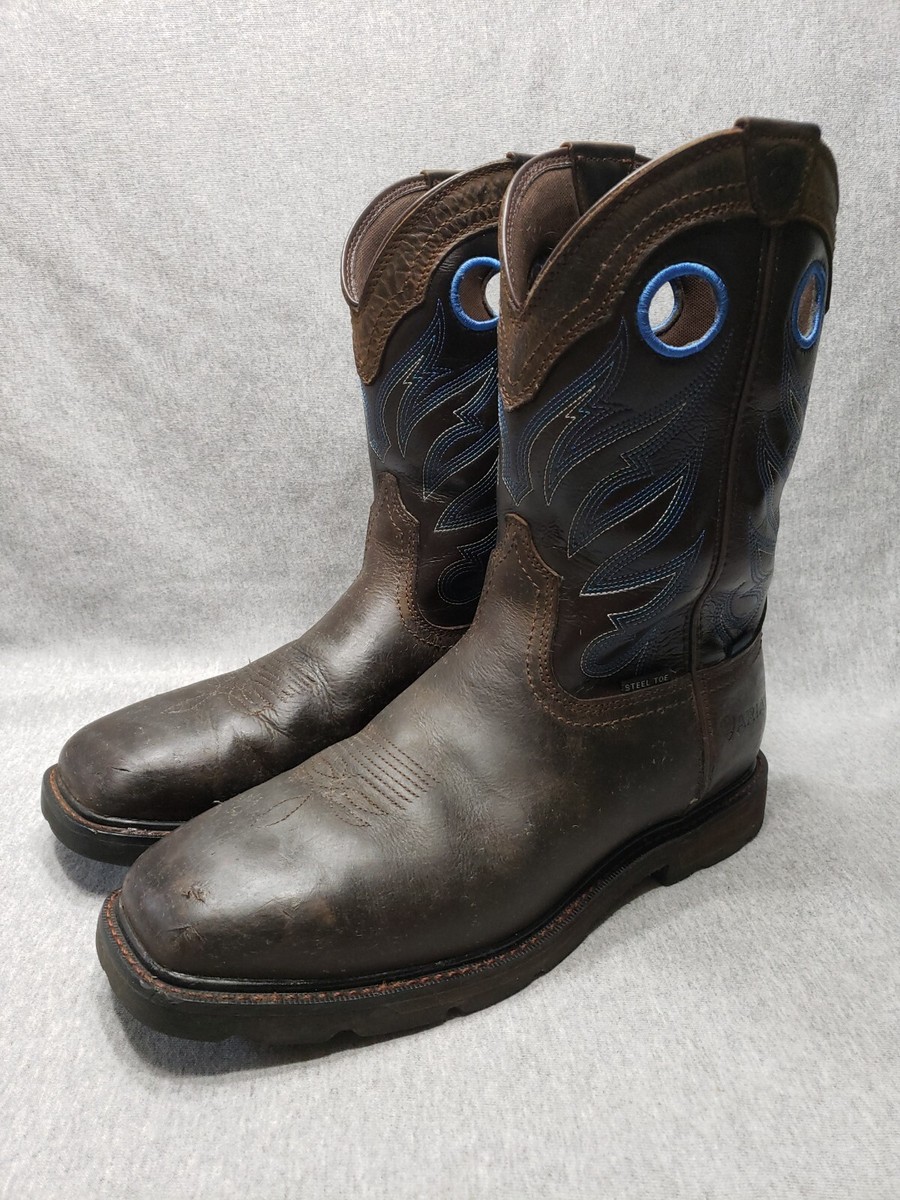 Ariat Mens 11D Brown Blue Leather Embroidered Steel Toe  display picture 1