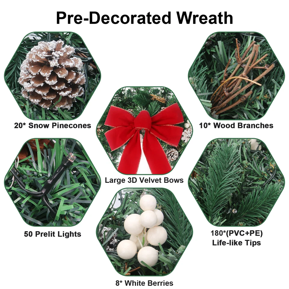 24" Waterproof Battery Operated Christmas Wreath with 50 Lights & Timer & Remote - Image 4 of 4