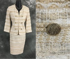 BEAUTIFUL St John knit beige white multi jacket skirt suit size 4