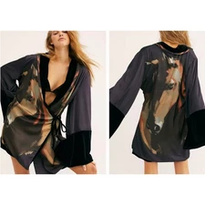 Free People Noblesse Oblige XS Kimono Robe Horse Velvet Trim Boho Chic Lounge