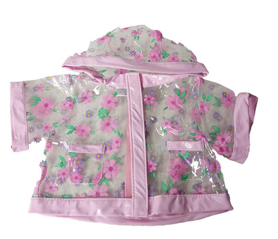 VINTAGE BUILD A BEAR FACTORY CLOTHES CLEAR HOODED RAINCOAT PINK FLOWER DESIGN