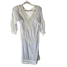 Boho Crochet Dress Womens Small White Sheer 3/4 Sleeve Beach Festival Cover Up