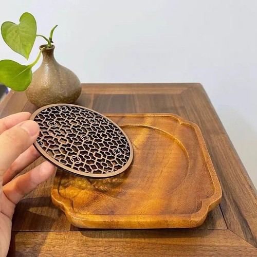Handcrafted Walnut Wood Tea Tray with Chinese Style Lace Pattern Teapot Stand - Picture 3 of 6