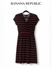 Banana Republic Petite Faux Wrap Dress Black Pink Striped V-Neck PS