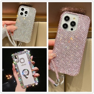 Women Bling Glitter Rhinestone Diamond Shockproof Wrist Strap Back Phone Case