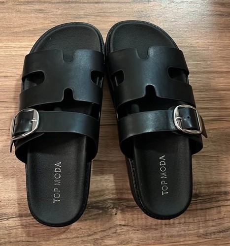 NWB Top Moda Black Chunky Sandals Slides Sz 6 Hermes Design - Picture 2 of 4