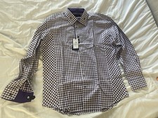 Bogosse Men  s Dress Shirt L Purple Navy Check Cotton Contrast Cuff NWT 215