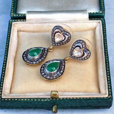Silver 14ct Gold Emerald & Diamond Drop Earrings