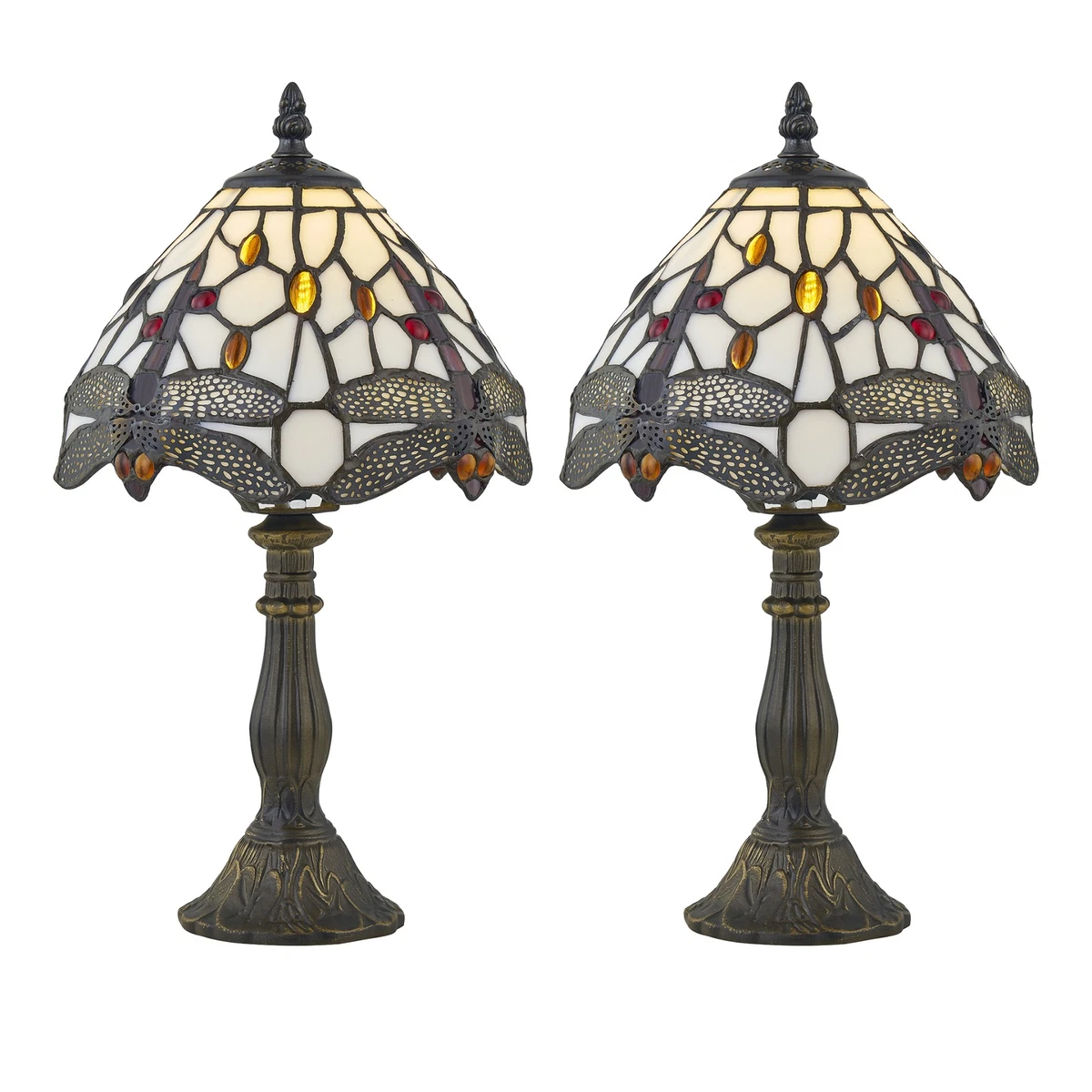 Juego de 2 luces de noche lámpara de mesa Tiffany de vidrio color libélula 36 cm