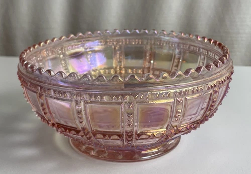 Lenox Imperial Glass Co. Beaded Block Iridescent Pink Carnival Glass Bowl *Vtg.*