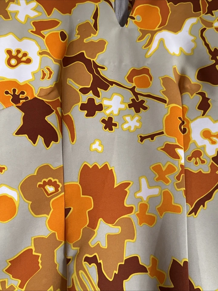 Vestido Vintage Años 70 Psicodélico Mujer Naranja Marrón Marfil Colorido AOP Maxi Z* Foto 2 de 3