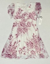 Calvin Klein Women's Floral Print Dress Ruffled Purple/White SZ10 NWT