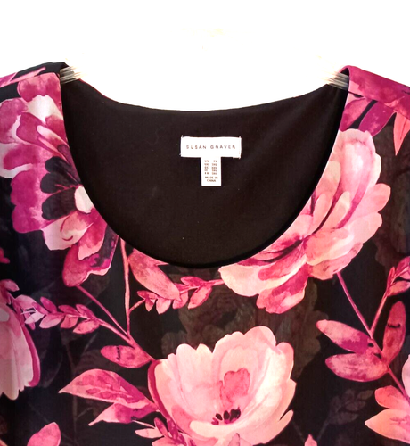 SUSAN GRAVER BLACK WITH PINK FLORAL PRINT COLD SHOULDER CHIFFON OVERLAY TOP 2X - Picture 5 of 5