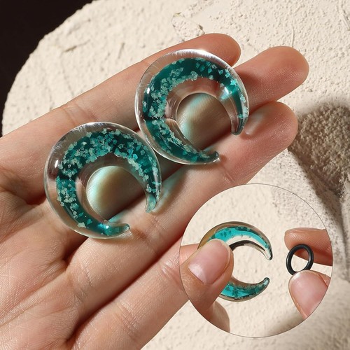 2PCS Ear Tapers Glass Luminous Crescent Ear Gauges Ear Plugs Horseshoes C Shape - Picture 12 of 54