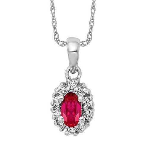 14K Solid White Gold Diamond Oval Ruby Halo Necklace - Picture 2 of 12
