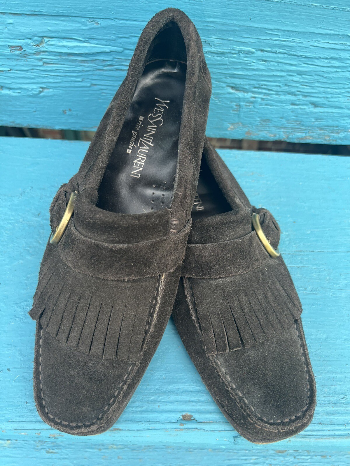 SAINT LAURENT Mocassini con frange Yves SaintLaurent da uomo in pelle scamosciata eleganti di design taglia EU40 US7