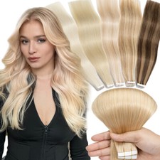 Mini Tape In Real Remy Human Hair Extensions Skin Weft Straight Blonde Hairpiece
