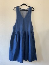 Vintage 90s Dress Blue Denim Pinafore Jumper Overall Pocket Side Buttons Y2K