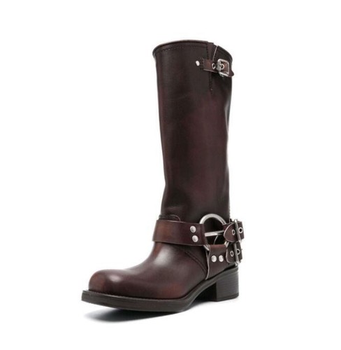 Womens 2024 Fashion Leather Round Toe Buckle Strap Studs Western Boots Shoes 855 - Picture 6 of 10