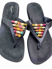 COLORFUL BEADED dressy black Sandals 8 USA THONGS Flats grippy treads Women s 8