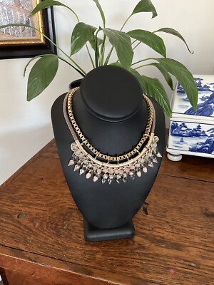 Express Gold Tone Mesh & Chunky Box Chain Necklace Pink Gray & White Rhinestones