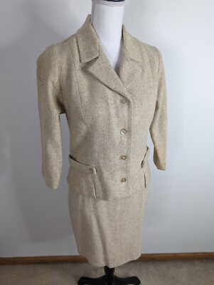 Vtg 60s Beeline 2 Piece Suit Knee Pencil Skirt Coat Beige Tweed Women's XS D2