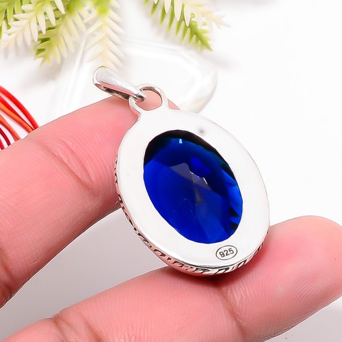 Blue Sapphire Simulated Gemstone 925 Sterling Silver Pendant, Handmade Pendant - Picture 5 of 5