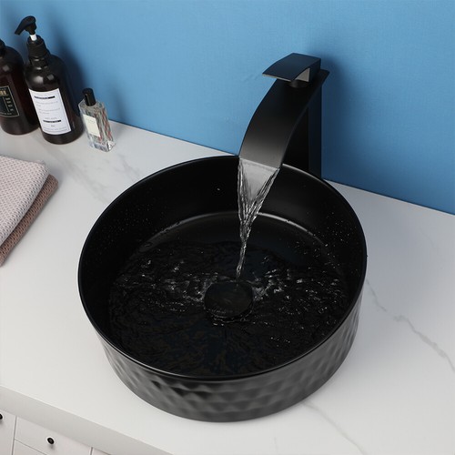 Bathroom Black Vessel Sink Round Ceramic Waterfall Spout Faucet Basin Mixer Taps - Picture 5 of 11