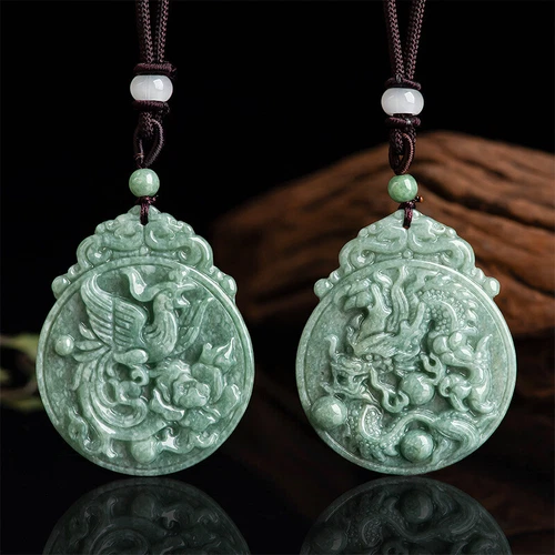 Natural A Grade Jadeite Pendant Women Men Lucky Dragon Phoenix Lover Pendant - Bild 9 von 9