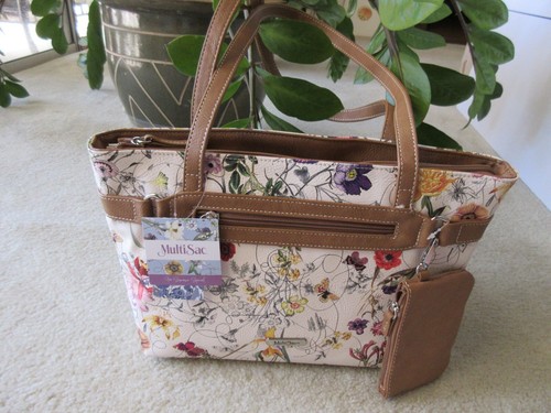 Multisac Women's Top Zipper Single Compartment Tote Bag Beige Floral NWT - Picture 2 of 8