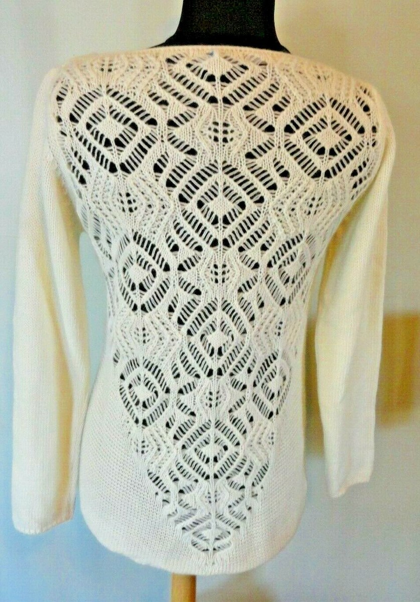 Bianca B Knit Sweater Crochet Lace Back Ivory Hi-Low Hem Made in