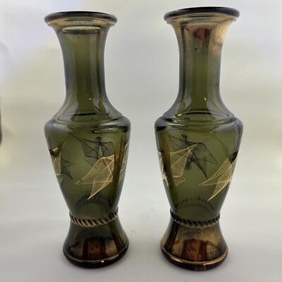 Vintage 6'' WHEATON Ware Mid Century SMOKEY GLASS Gold Bud Vase Set Of 2