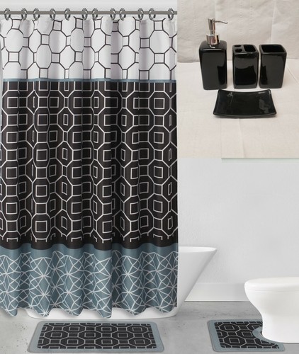 Combo de baño de lujo de 19 piezas conjunto de tapetes de baño de cerámica cortina de ducha diamante - Imagen 2 de 12