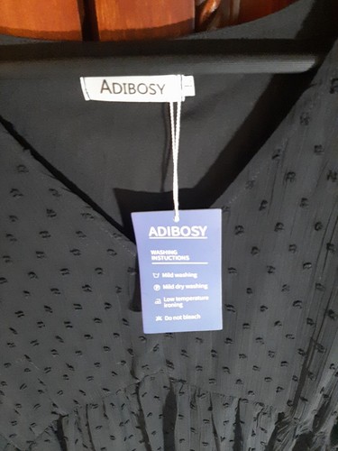 NWT's ADIBOSY Women's Size L Black Mini Dress w/Swiss Dots V-Neck Ruffle Hem - Picture 5 of 9