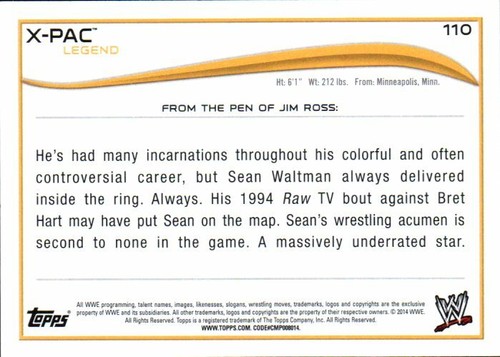Tarjeta de lucha libre base Topps WWE 2014 #110 X-Pac - Imagen 2 de 2
