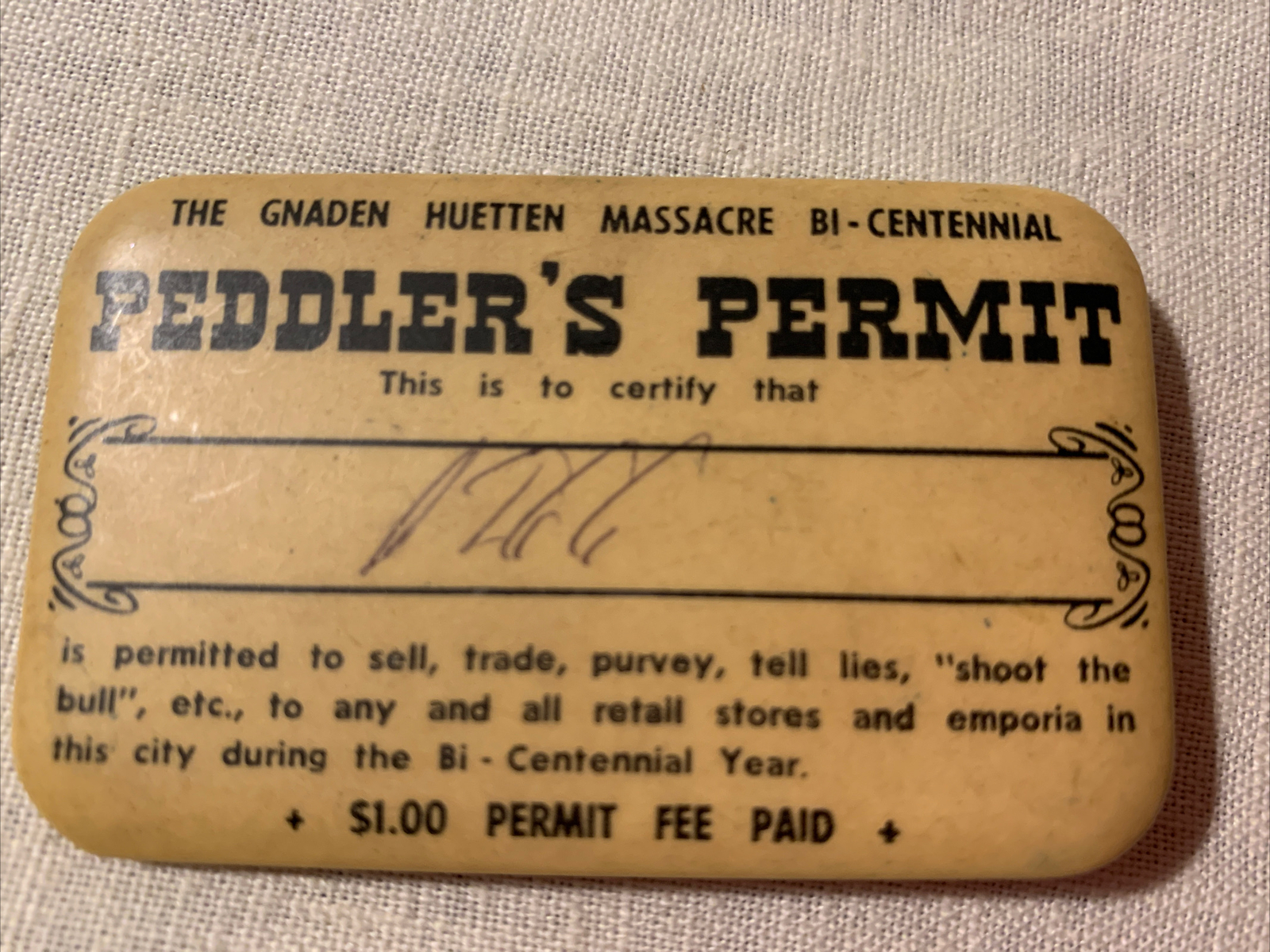 1955 vintage GNADEN HUETTEN MASSACRE lehighton pa BICENTENNIAL LICENSE