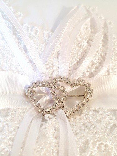 Wedding Ring Bearer Pillow Faux Diamond Hearts White Lace and Satin 6" NIP - Picture 4 of 6