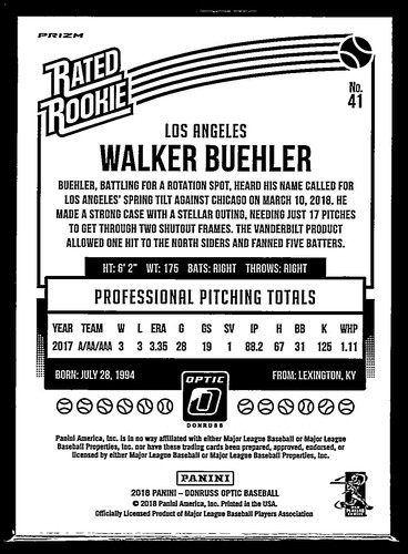 2 Card Lot 2018 Panini Donruss Optic - Parallel #41 Walker Buehler (RC) - Picture 2 of 4