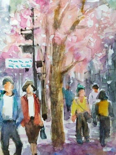 Cherry Blossom cityscape landscape art Original watercolor painting Wall art - Picture 6 of 6